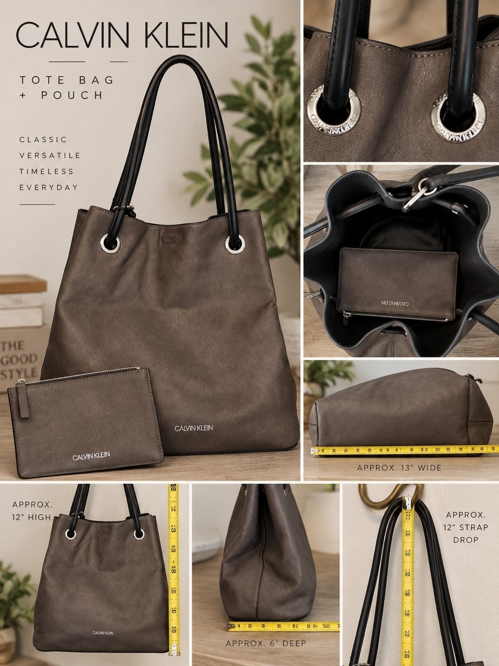 Calvin Klein Gray Slouchy Tote Bag + Matching Pouch